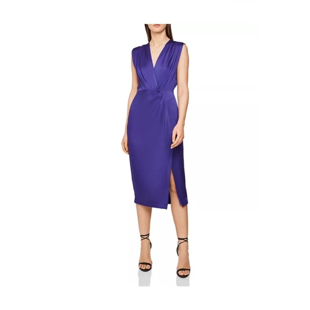 $540 NWT Reiss Elaini Blue Satin Wrap Crossover Midi Cocktail V-Neck Dress Sz 10